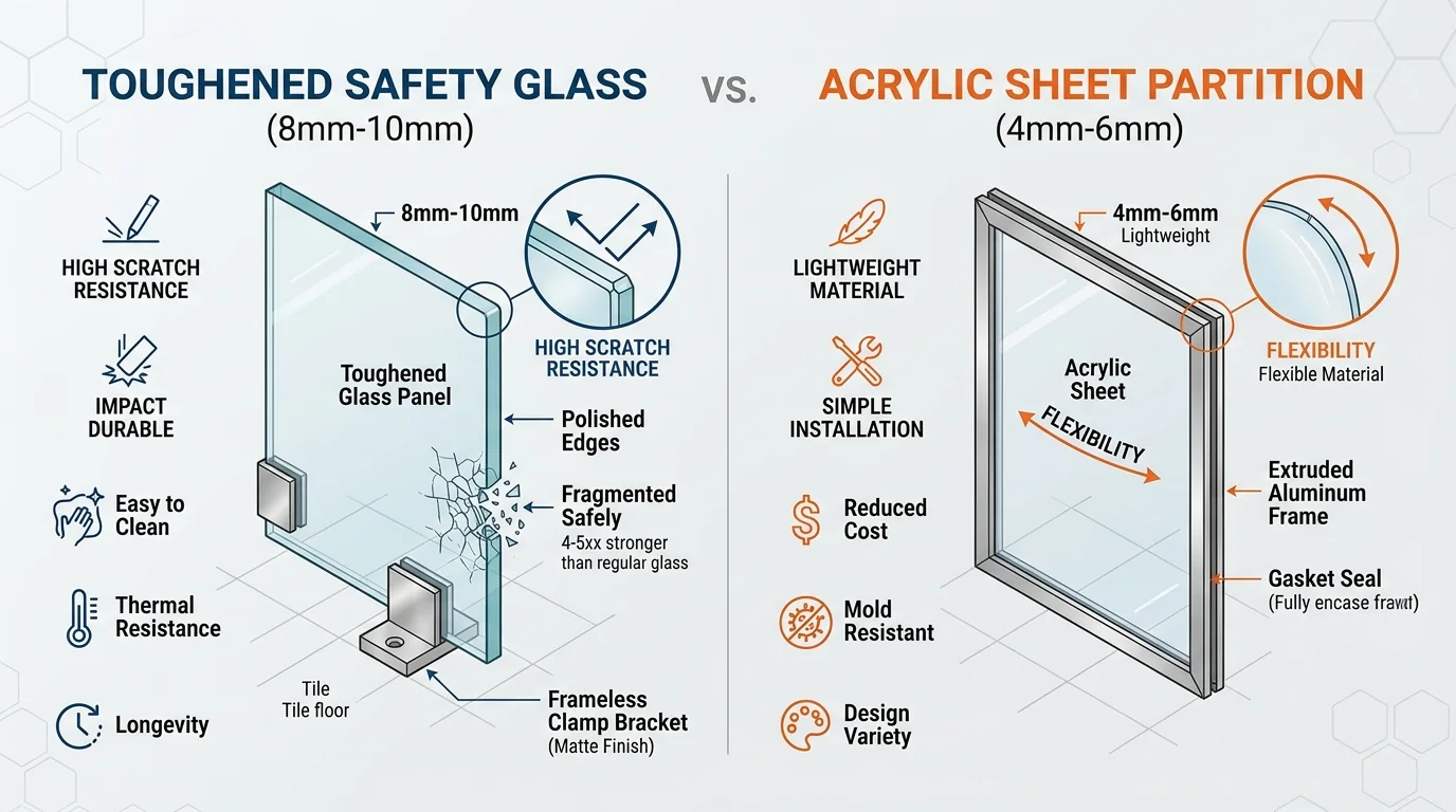 Diagram comparing glass and acrylic shower partition profiles