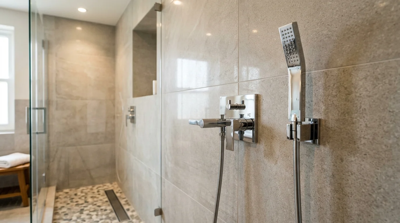 Wall-mounted shower mixer with handheld in a compact Indian apartment bathroom