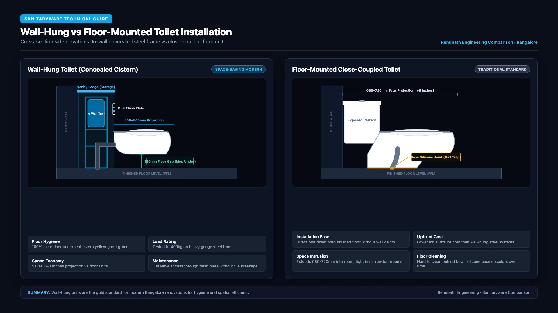 Diagram comparing wall-hung and floor-mounted toilet installations